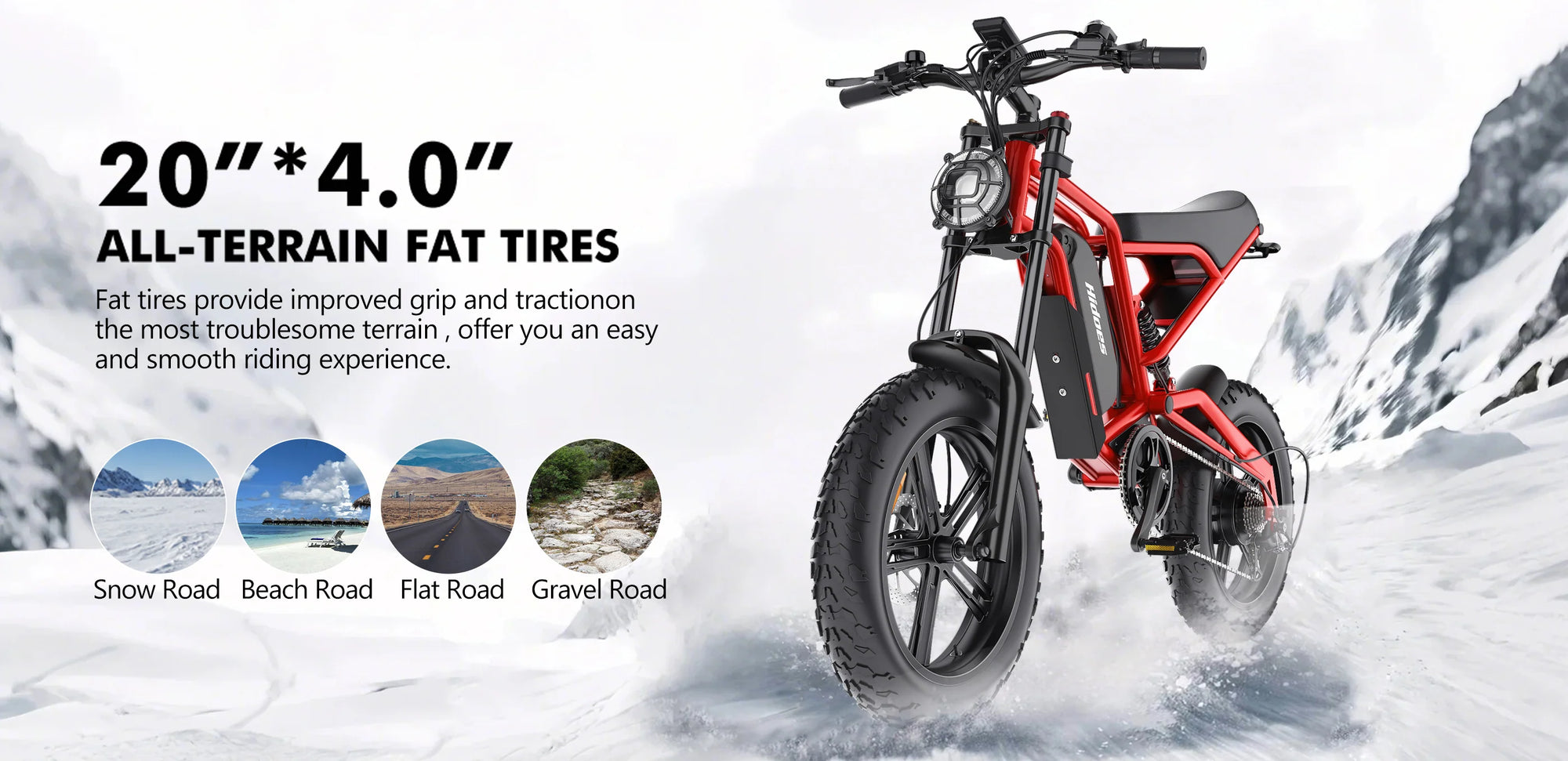 A red electric bike with large, fat all-terrain tires is shown on a snowy surface. Text highlights 20” x 4.0” tires for snow, beach, flat, and gravel roads, emphasizing improved grip and traction.