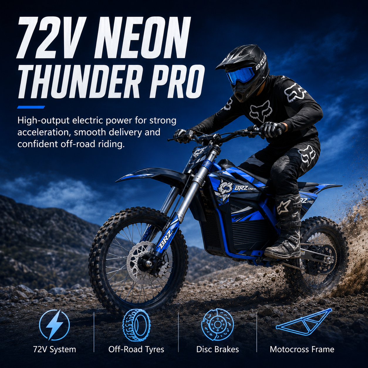 A blue and black electric motocross bike labeled '72V NEON THUNDER PRO' shown in motion with a rider wearing black protective gear on a rugged off-road trail. Large marketing text appears at the top, and feature icons for 72V system, off-road tires, disc brakes, and motocross frame appear along the bottom.