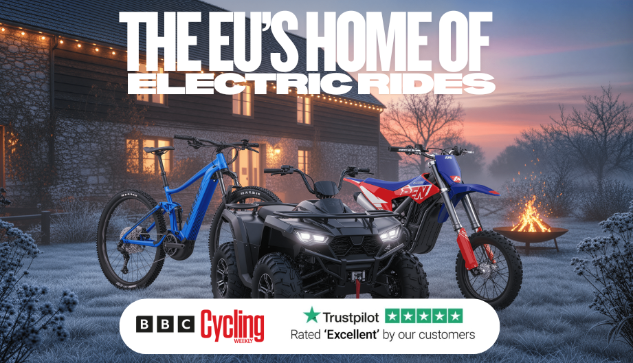 Electric bike, all-terrain vehicle, and electric motorcycle parked outside a house at dusk with a fire pit and snowy ground.