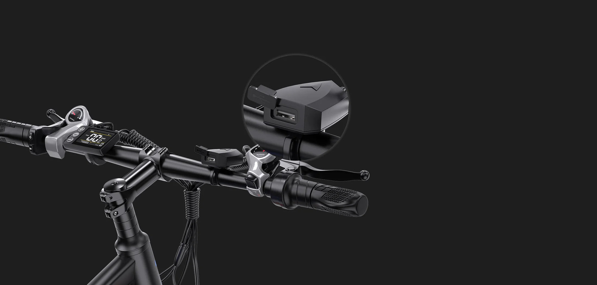 Close-up of a bicycle handlebar with a digital display and buttons, featuring a zoomed-in view of a USB charging port on a black device attached to the handlebar, set against a plain dark background.