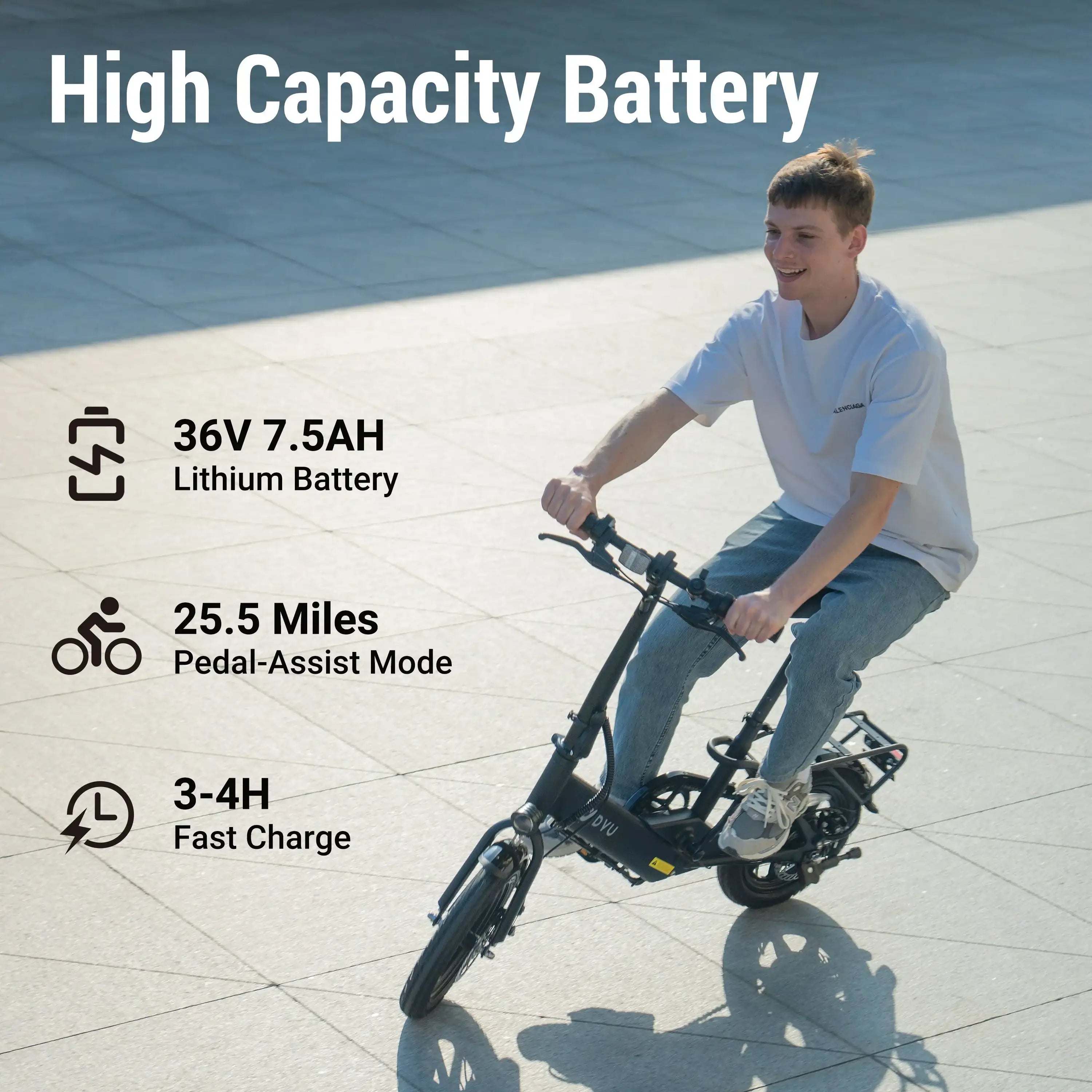 A young man rides the DYU C3 Mini Electric Bike outdoors. Text highlights: DYU, High Capacity 36V 7.5AH Lithium Battery, 250W rear motor, up to 25.5 miles with Pedal-Assist Mode, and a fast 3-4 hour charge.