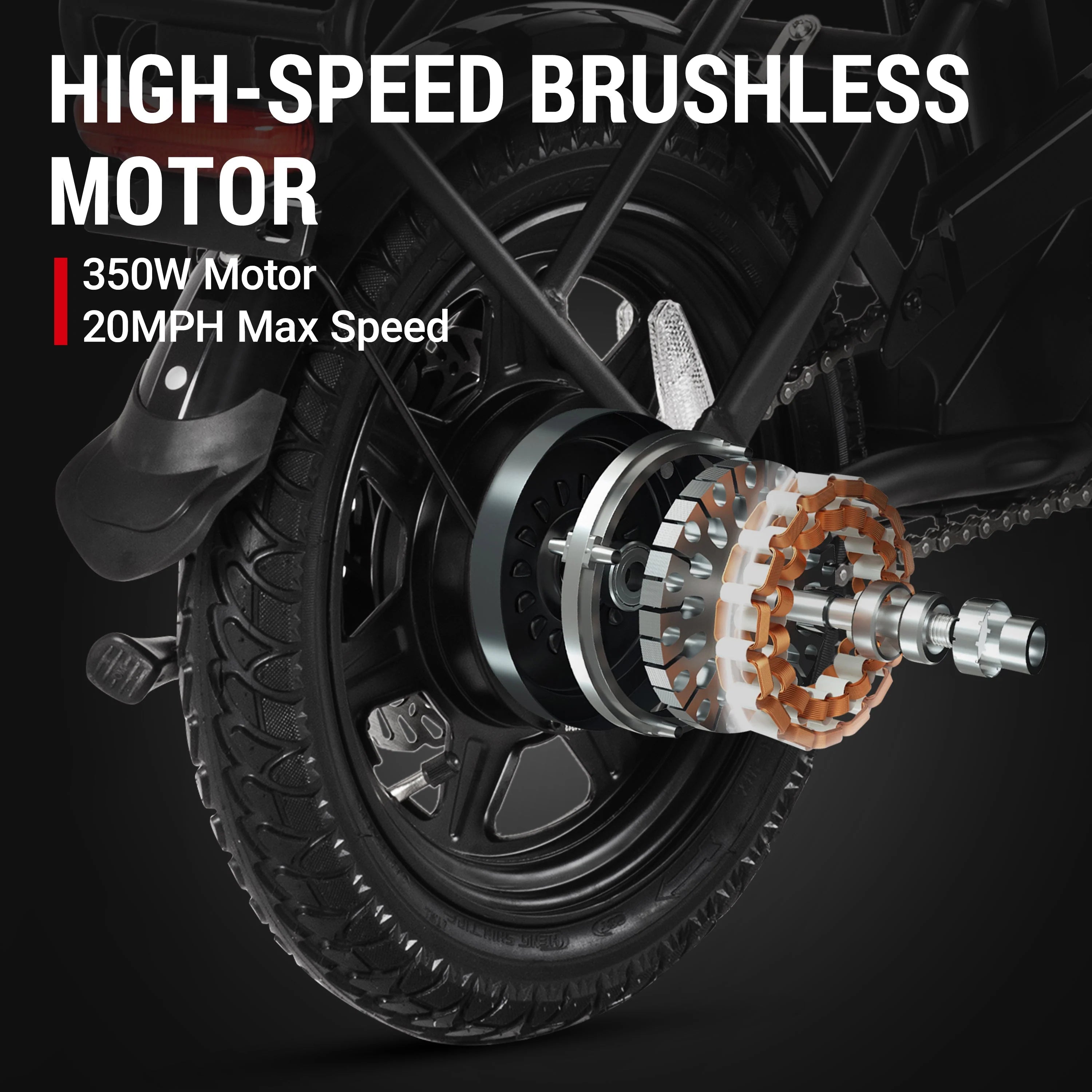 A close-up of the DYU C3 Mini Electric Bike wheel highlights its high-speed 350W brushless motor and 20MPH max speed—ideal for last-mile trips. Some technical components are partially illustrated. Brand: DYU.