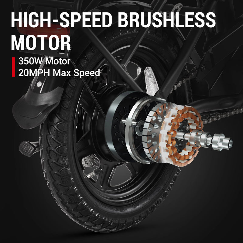 A close-up of the DYU C3 Mini Electric Bike wheel highlights its high-speed 350W brushless motor and 20MPH max speed—ideal for last-mile trips. Some technical components are partially illustrated. Brand: DYU.