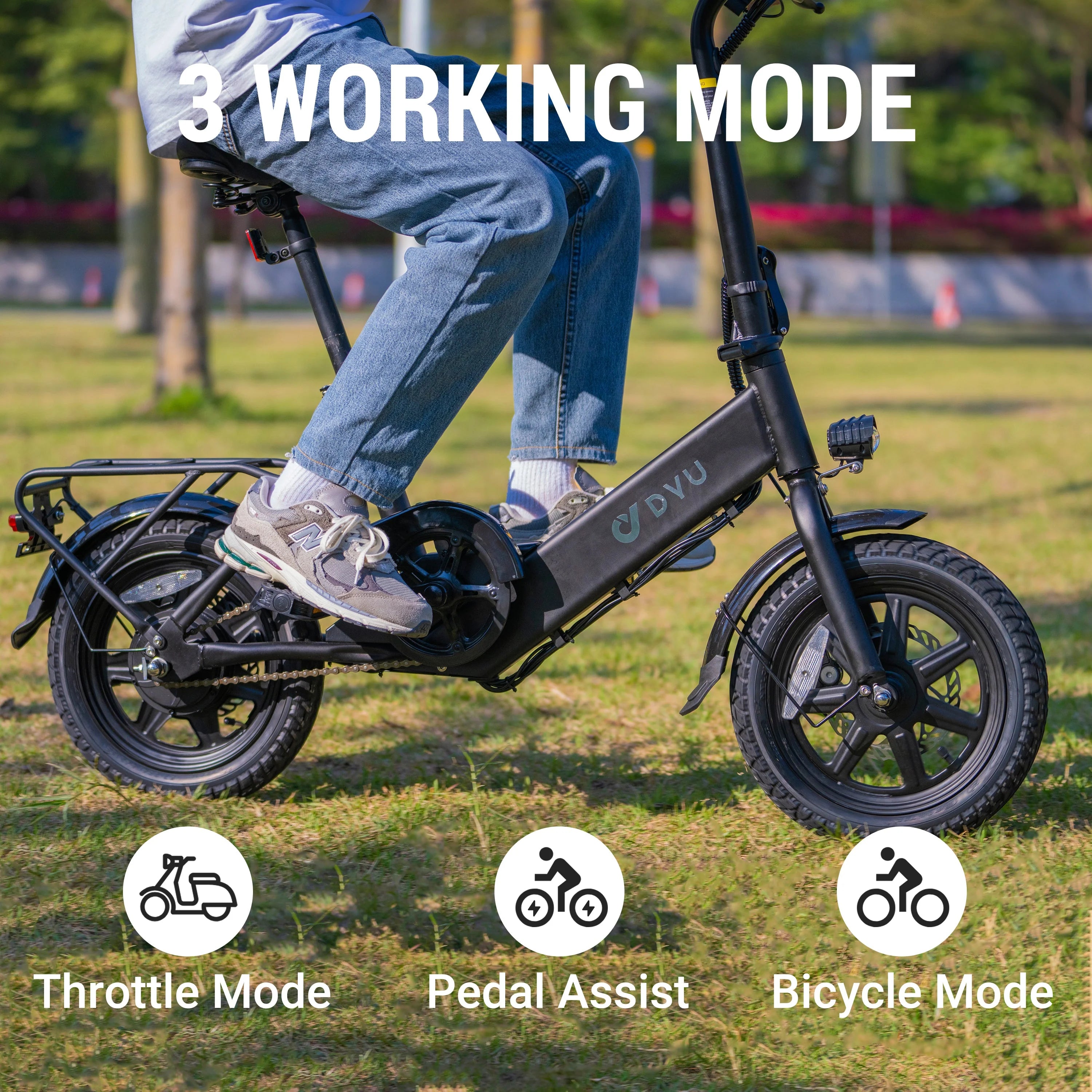 A rider cruises through the park on a DYU C3 Mini Electric Bike; text reads "3 WORKING MODE" with icons for "Throttle Mode," "Pedal Assist," and "Bicycle Mode." Brand: DYU.