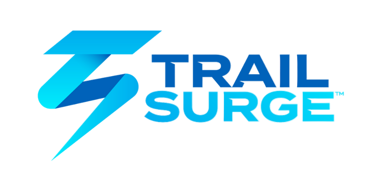 Logo for Trail Surge featuring a stylized blue lightning bolt to the left of the bold, blue gradient text TRAIL SURGE on a light background.
