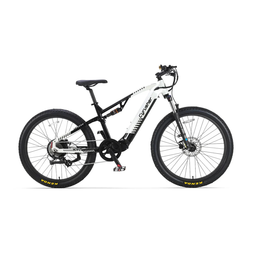 The Cyrusher Flex Electric Mountain Bike by Cyrusher, shown in side view on a white background, features a white and black folding frame, front suspension, disc brakes, and knobby Kenda tires.