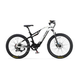 The Cyrusher Flex Electric Mountain Bike by Cyrusher, shown in side view on a white background, features a white and black folding frame, front suspension, disc brakes, and knobby Kenda tires.
