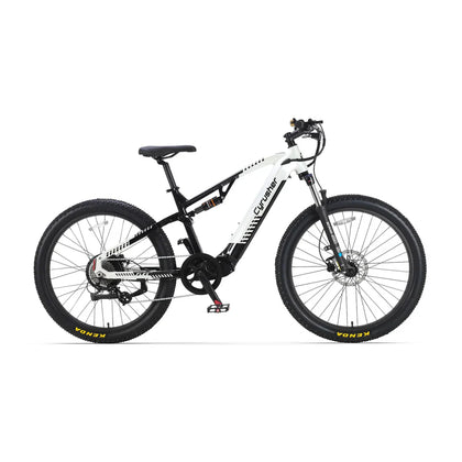 The Cyrusher Flex Electric Mountain Bike by Cyrusher, shown in side view on a white background, features a white and black folding frame, front suspension, disc brakes, and knobby Kenda tires.