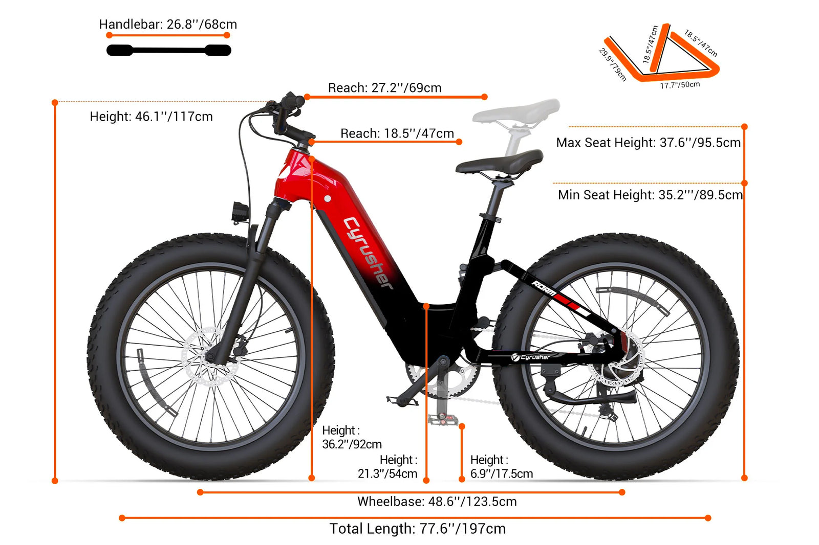 Bicicleta eléctrica Cyrusher Roam 250W 52V 15.6Ah dimensions