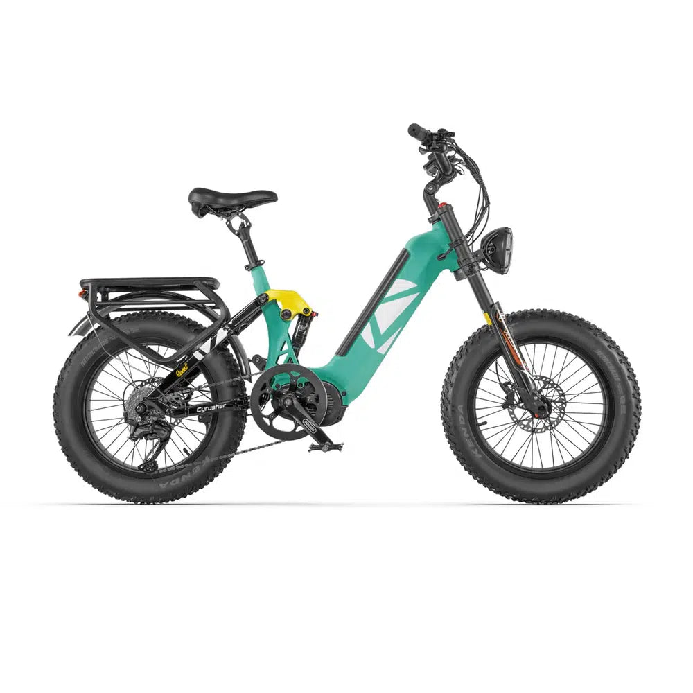 The Cyrusher Quest Electric Bike by Cyrusher features a teal and black design, fat tires, step-through frame, rear cargo rack, front suspension fork, and disc brakes. Shown in side profile on a white background.