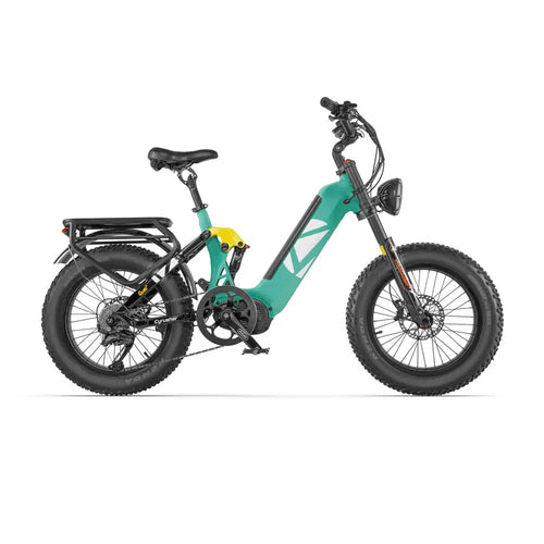 The Cyrusher Quest Electric Bike by Cyrusher features a teal and black design, fat tires, step-through frame, rear cargo rack, front suspension fork, and disc brakes. Shown in side profile on a white background.