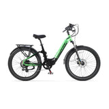 The Cyrusher Sprint Electric City Bike by Cyrusher is shown in profile against a white background, featuring a green frame, long-range battery, black saddle, wide tires, black front and rear fenders, and a rear cargo rack.