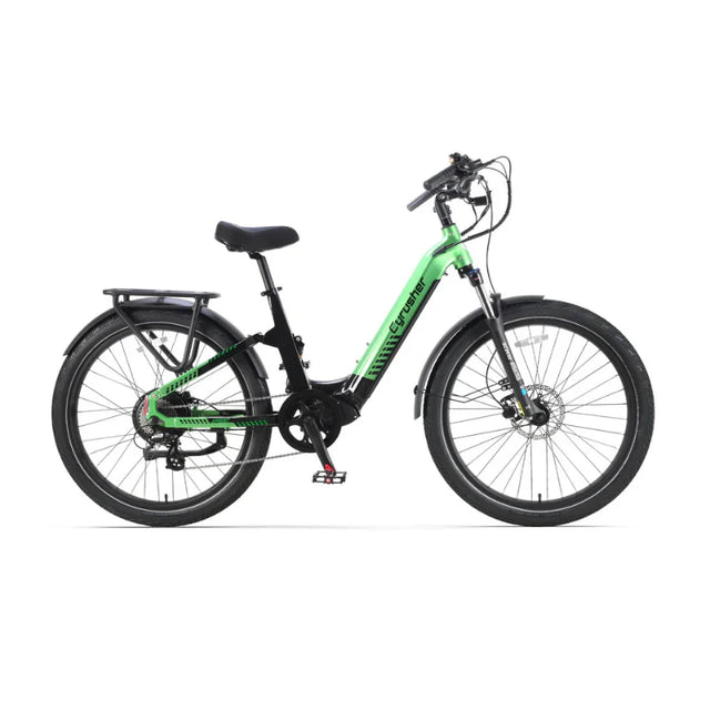 The Cyrusher Sprint Electric City Bike by Cyrusher is shown in profile against a white background, featuring a green frame, long-range battery, black saddle, wide tires, black front and rear fenders, and a rear cargo rack.
