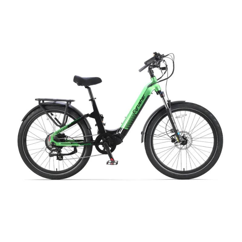The Cyrusher Sprint Electric City Bike by Cyrusher is shown in profile against a white background, featuring a green frame, long-range battery, black saddle, wide tires, black front and rear fenders, and a rear cargo rack.
