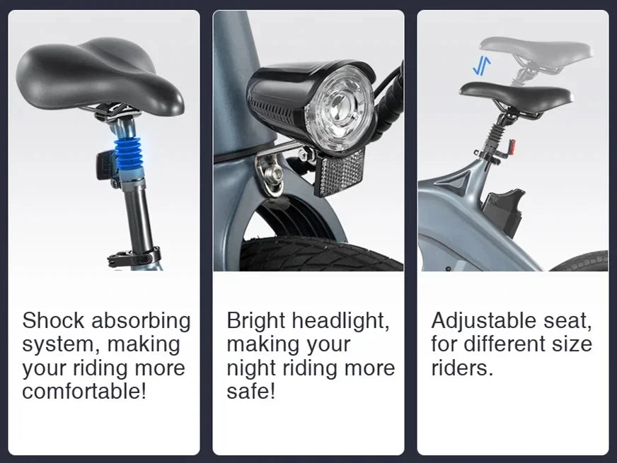 Three panels show features of a bike: a shock-absorbing seat post, a bright headlight above the front wheel, and an adjustable seat, each with captions highlighting comfort, safety, and fit for different riders.