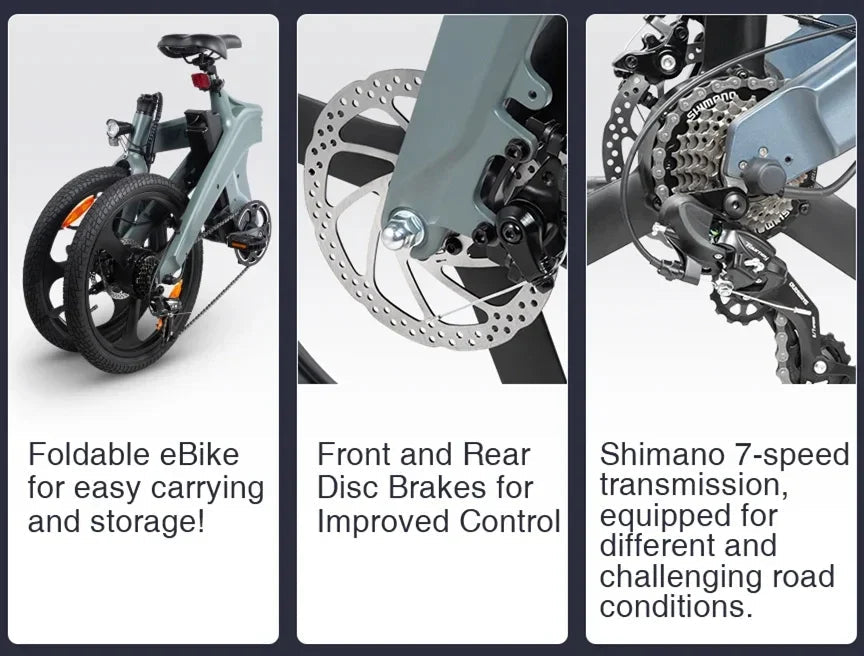 Foldable eBike shown folded, with close-ups of front and rear disc brakes, and a Shimano 7-speed gear system; text highlights portability, braking control, and versatile transmission.