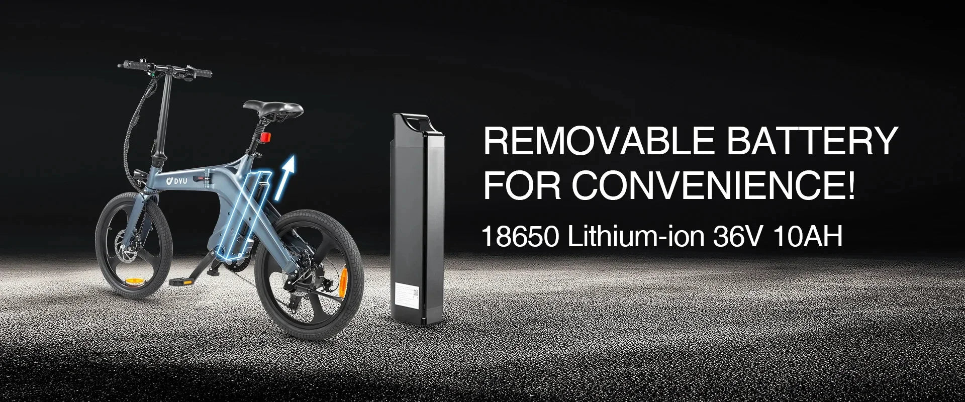 A folding electric bike with a highlighted removable battery beside it. Text reads: REMOVABLE BATTERY FOR CONVENIENCE! 18650 Lithium-ion 36V 10AH.