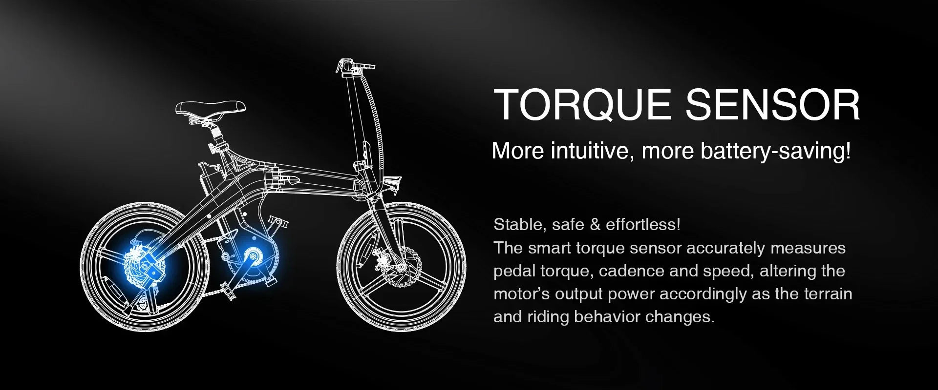 A digital illustration of a bicycle with a highlighted motor and torque sensor system, accompanied by text explaining the sensors benefits for measuring pedal torque, cadence, speed, and optimizing battery use.