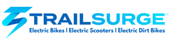Logo for TrailSurge featuring a stylized blue lightning bolt and the text: TRAILSURGE Electric Bikes | Electric Scooters | Electric Dirt Bikes in bold blue letters.