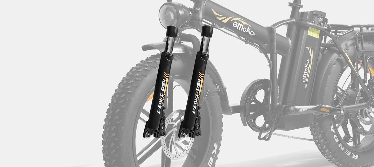 Emoko C94 electric bike front suspension close-up