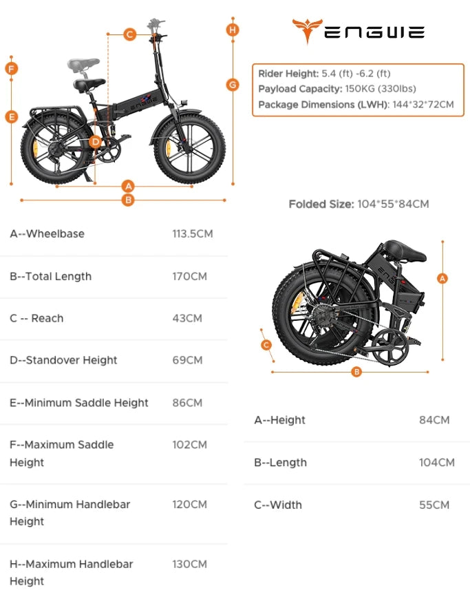 Bicicleta Eléctrica Plegable Engwe Engine X size and dimensions