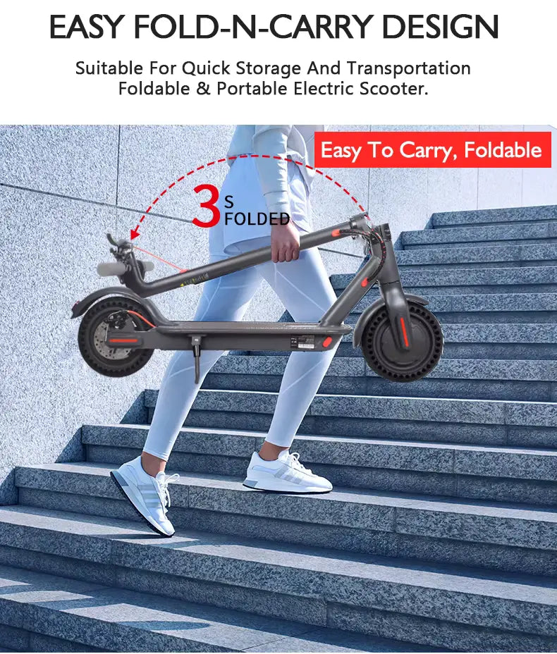 Person carrying folded black iWheels D8 Pro electric scooter while walking up concrete stairs outdoors