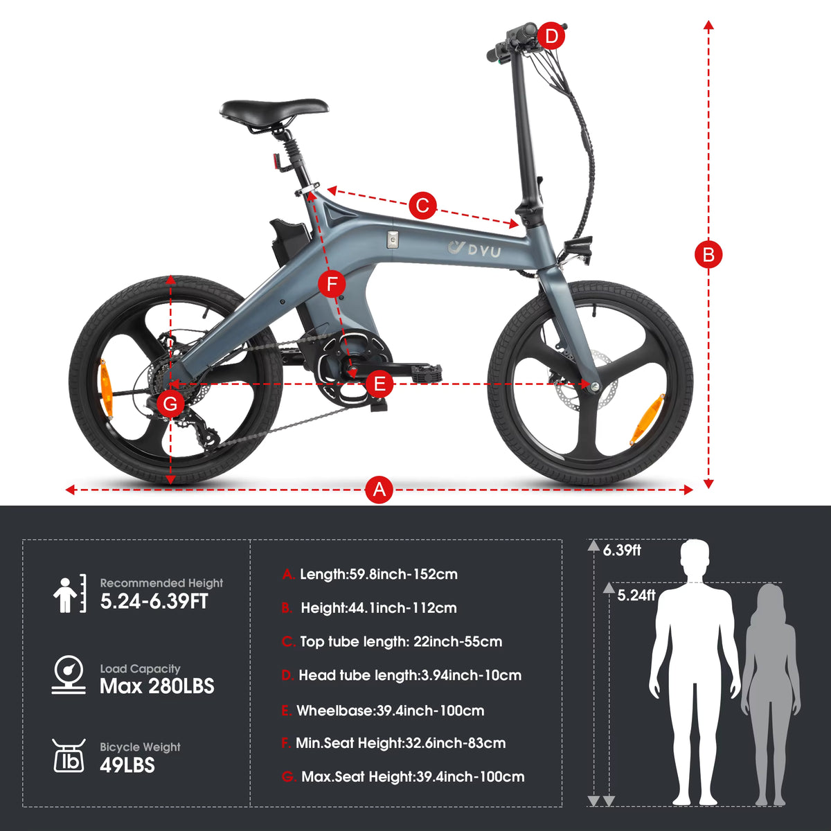 DYU T1 Foldable Electric Bike size and dimensions