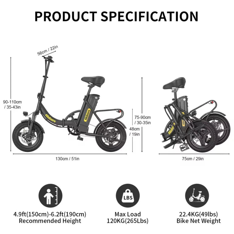 Vélo électrique Hidoes C5 250 W 36 V 10,4 Ah dimensions