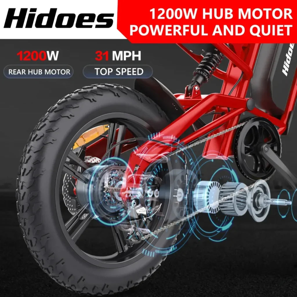 A graphic of a red Hidoes electric bike highlights its 1200W rear hub motor with a top speed of 31 mph, featuring digital effects illustrating the motors internal mechanics. Text emphasizes power and quiet performance.