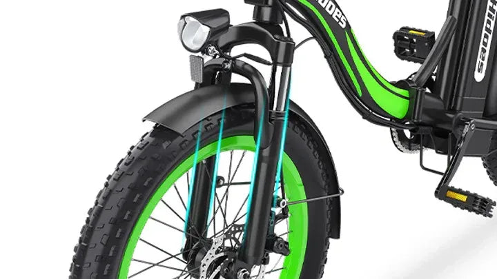 Close-up of an electric bicycles front wheel and frame, featuring a black tire with a bright green rim, a headlight, front suspension, disc brake, and parts of the pedal and battery visible.