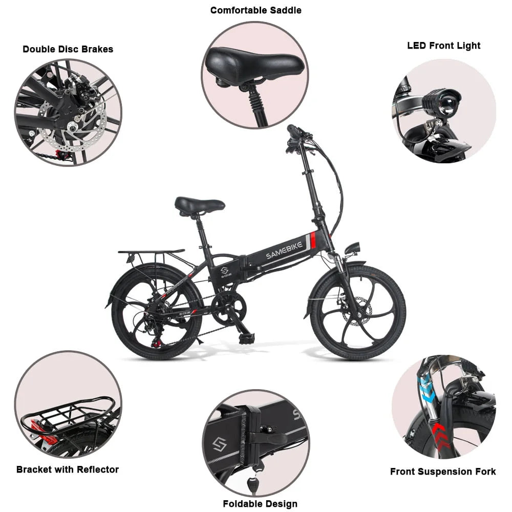 A black electric folding bike is shown, surrounded by six close-up images highlighting features: comfortable saddle, LED front light, front suspension fork, foldable design, bracket with reflector, and double disc brakes.