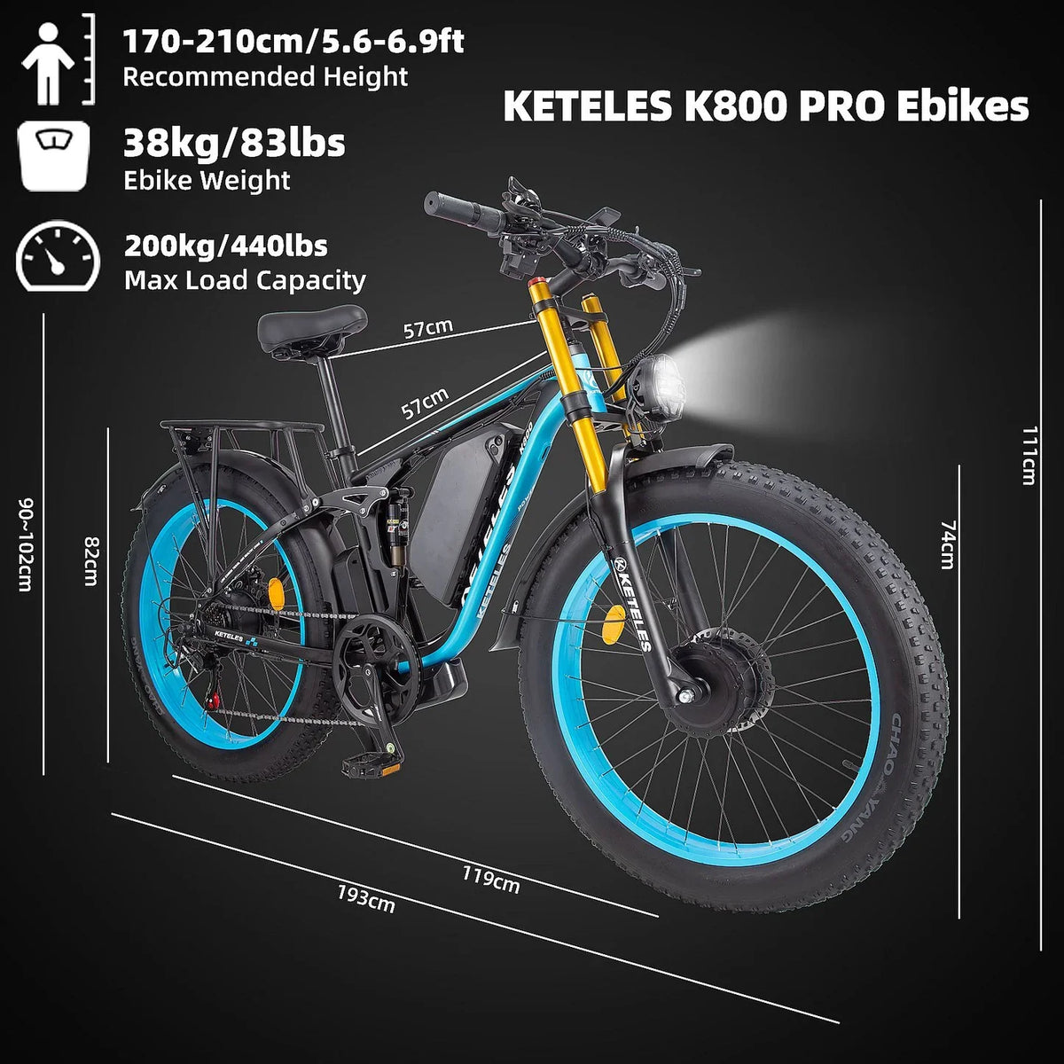 Bicicleta Eléctrica Keteles K800 Pro size and dimensions