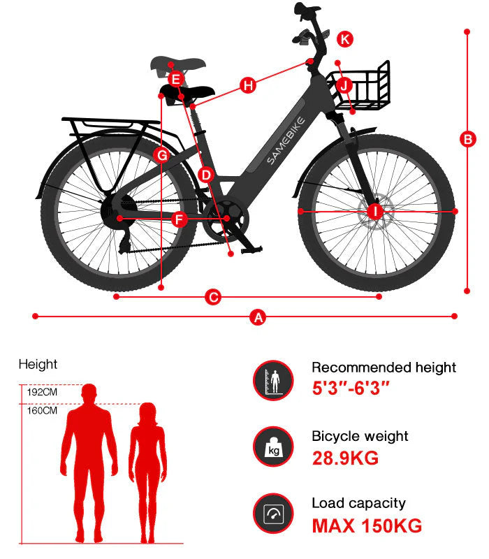 Bicicleta Eléctrica Samebike Rs-A01 size and dimensions
