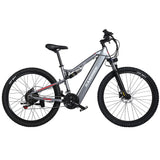 The Randride YX90A Electric Mountain Bike, shown in side view on a white background, features front suspension, thick tires, a 1000W rear hub motor, and the RANDRIDE brand name on its gray frame.