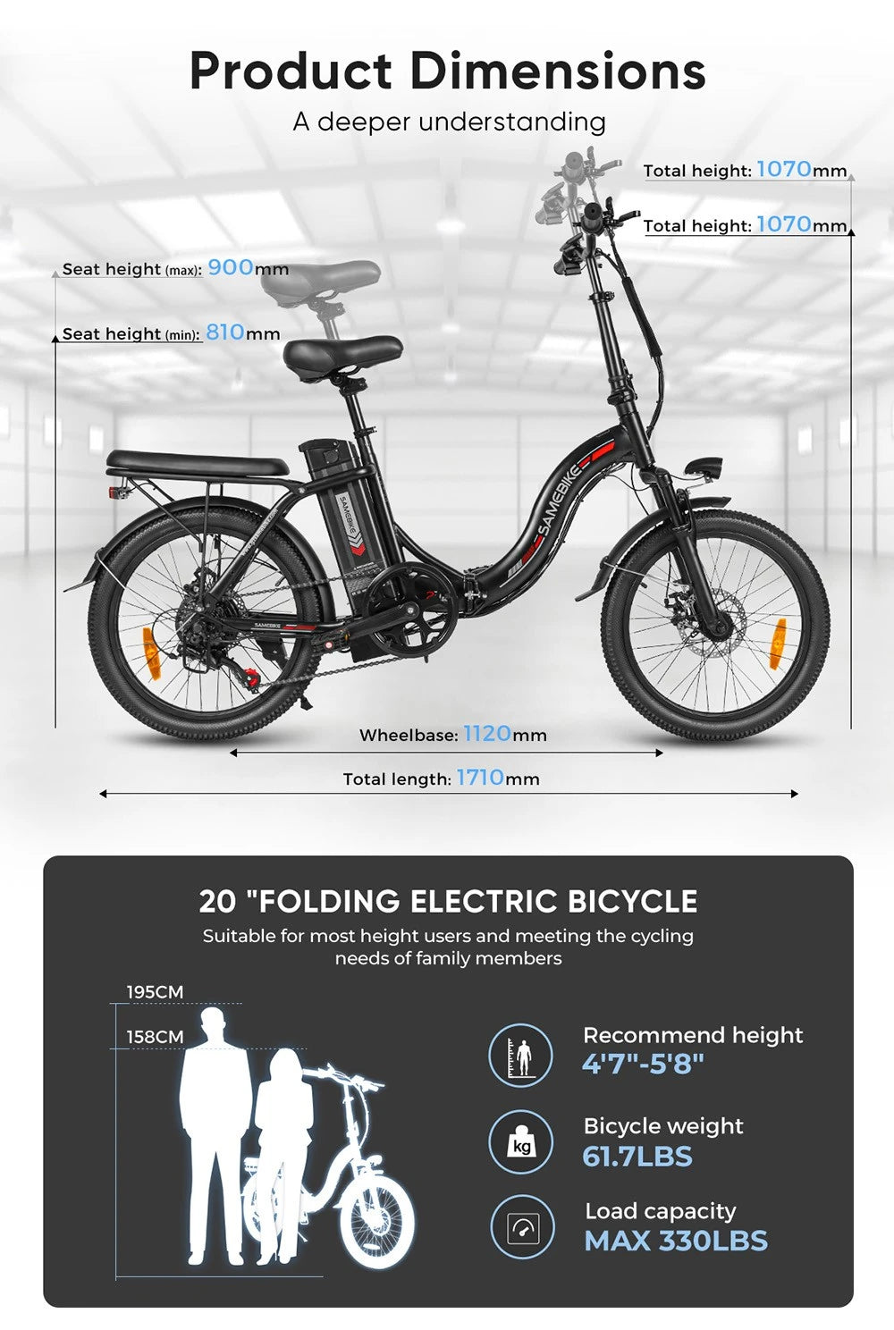 Samebike Cy20 20" Bicicleta Eléctrica Plegable size and dimensions