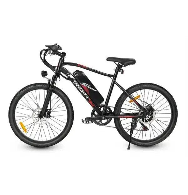 The Samebike EBE2 Electric Bike by Samebike, in black, features a central battery, front suspension, disc brakes, knobby tires, and a torque sensor. It's shown from the side against a white background.