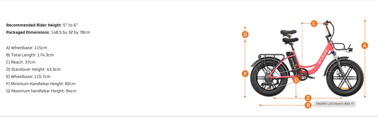 Engwe L20 Boost elektrische fiets 250W 48V 13Ah  dimensions