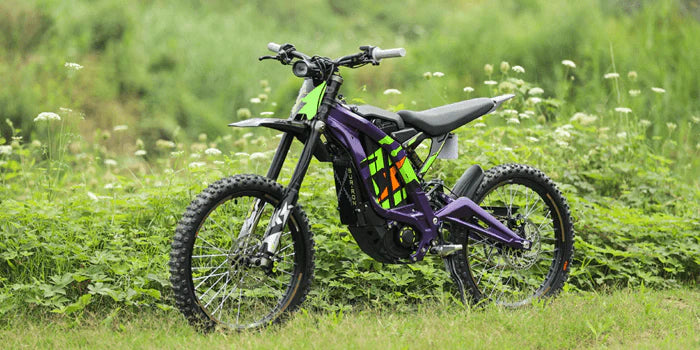 Purple electric dirt bike standing on grass with leafy green plants and wildflowers in the background