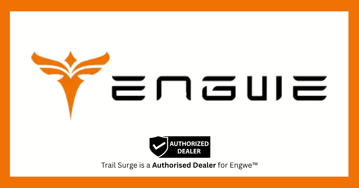 Logo for Engwe featuring an abstract orange graphic on the left and bold black text ENGWE. Below, a badge reads Authorized Dealer and text states Trail Surge is a Authorised Dealer for Engwe™. Orange border surrounds image.