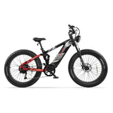 The Cyrusher Ranger Electric Bike by Cyrusher, shown from the side on a white background, features black and red styling, thick fat tires, a front suspension fork, disc brakes, and a headlight.