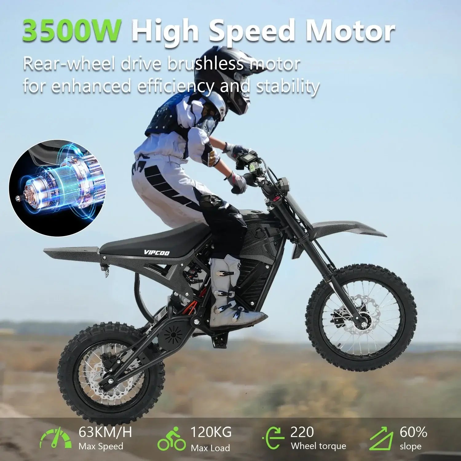 VIPCOO H3 Electric Dirt Bike - Full Suspension - 63KM/H Vipcoo