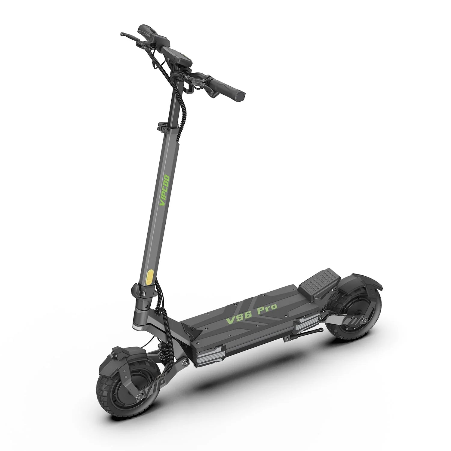 The Vipcoo VIPCOO VS6 1000W Electric Scooter, by Vipcoo, features a modern black design with thick tires, a sturdy deck marked VS6, and control-equipped handlebars, all shown against a plain white background.