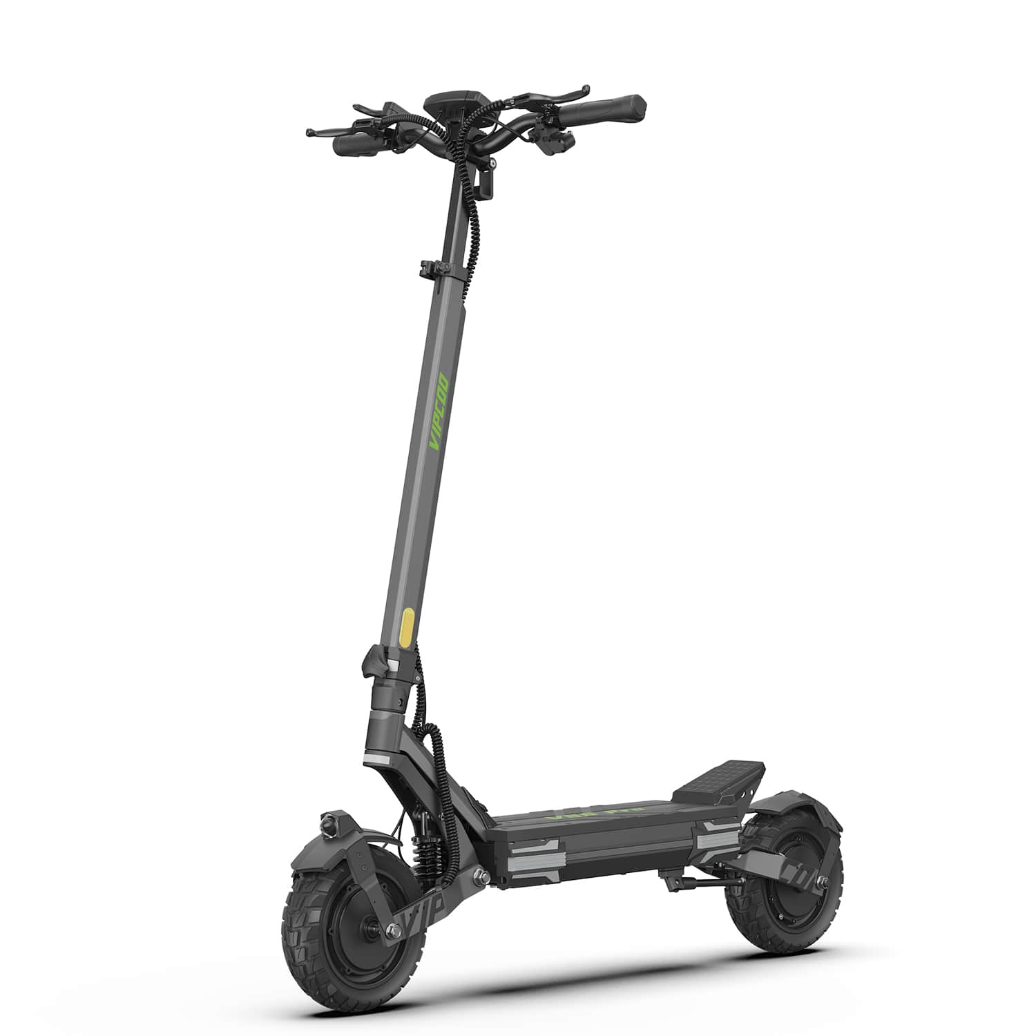 The Vipcoo VIPCOO VS6 1000W Electric Scooter features thick, rugged tires, a wide deck, upright handlebar, and a sturdy black frame with green accents—ideal for off-road or urban rides.