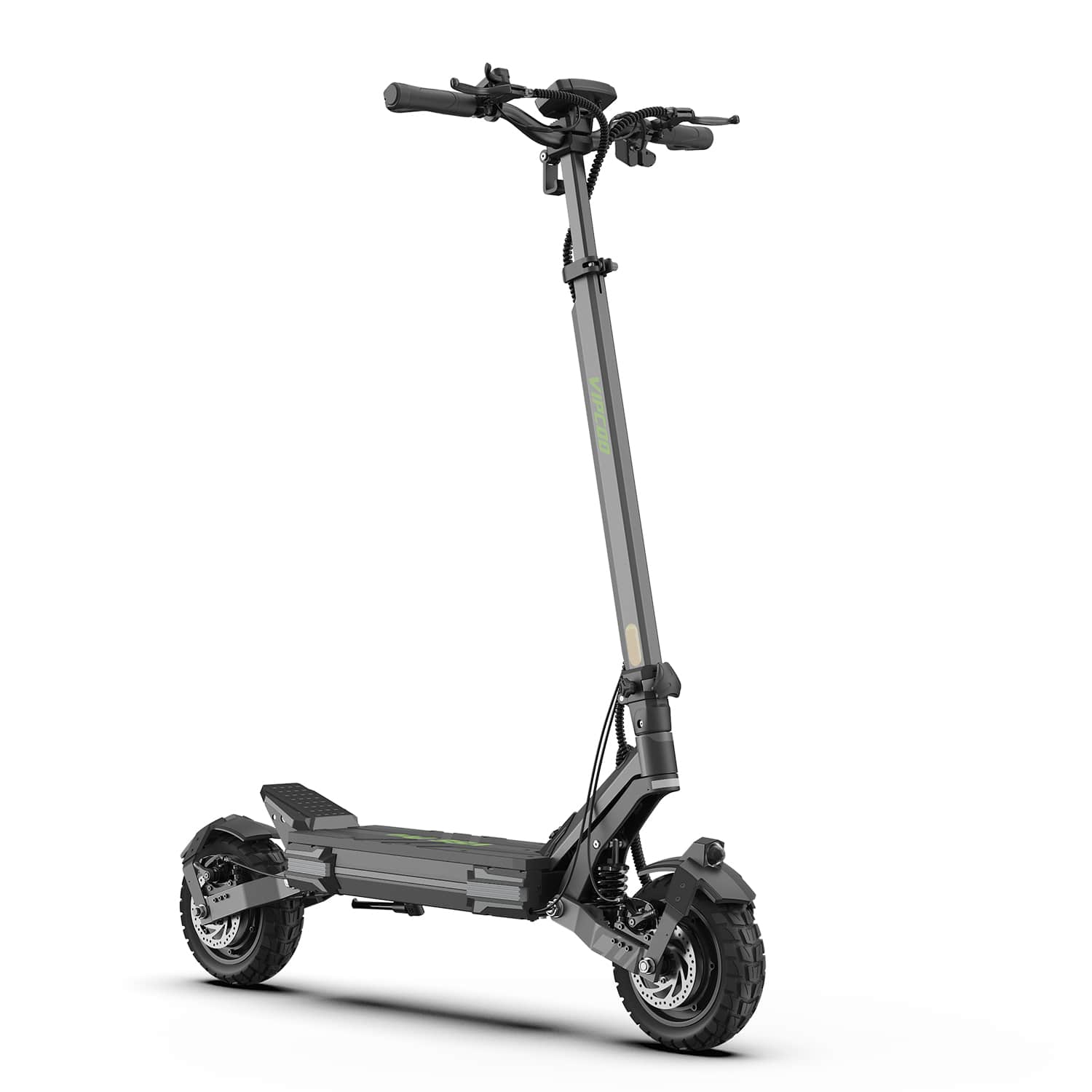 The Vipcoo VIPCOO VS6 1000W Electric Scooter features thick tires, a sturdy frame, and a wide deck. Shown in black on a white background, it has upright handlebars with brake levers and a central display.