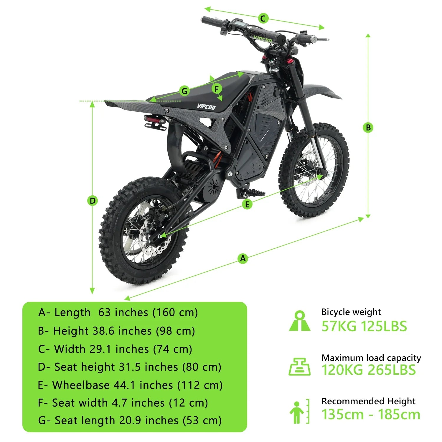 Moto tout-terrain électrique VIPCOO H3 - Suspension intégrale - 63 km/h dimensions