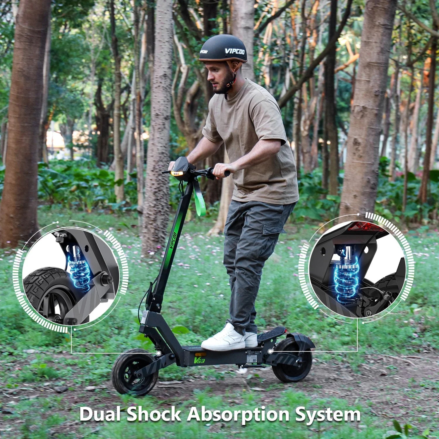 A person wearing a helmet rides a black electric scooter through a wooded park. Two insets highlight the scooters dual shock absorption system. Text at the bottom reads: Dual Shock Absorption System.