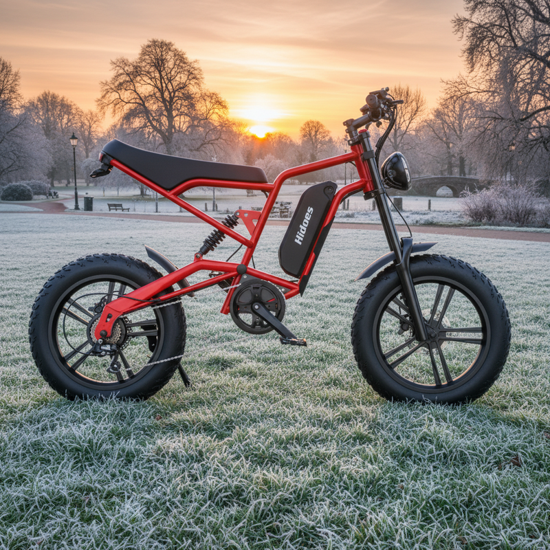 Red electric bike with fat tires and black seat parked on frosty grass at sunrise in a park setting