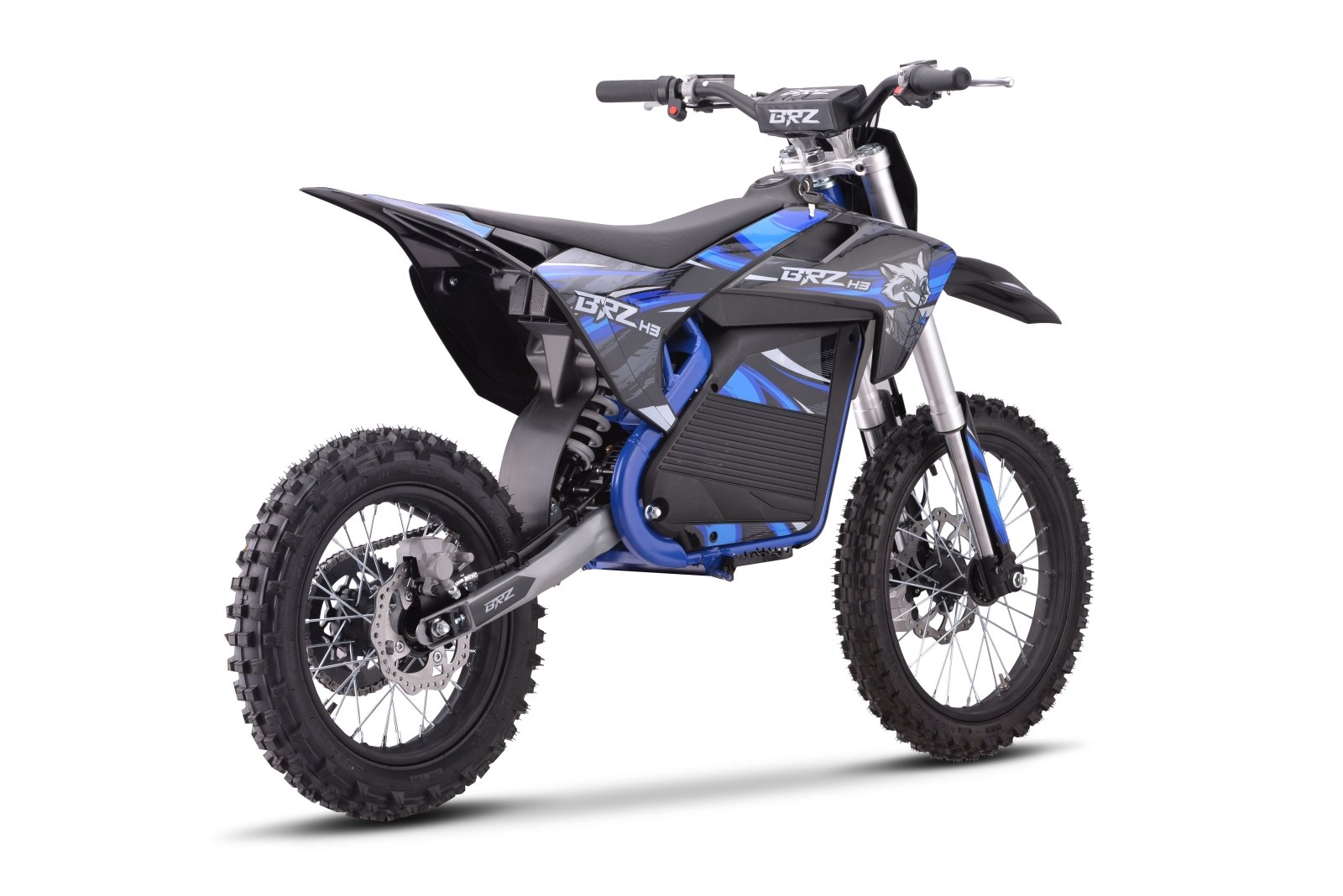BRZ Neon Thunder Pro 72V 5000W Electric Dirt Bike 17/14 - blue rear three-quarter view