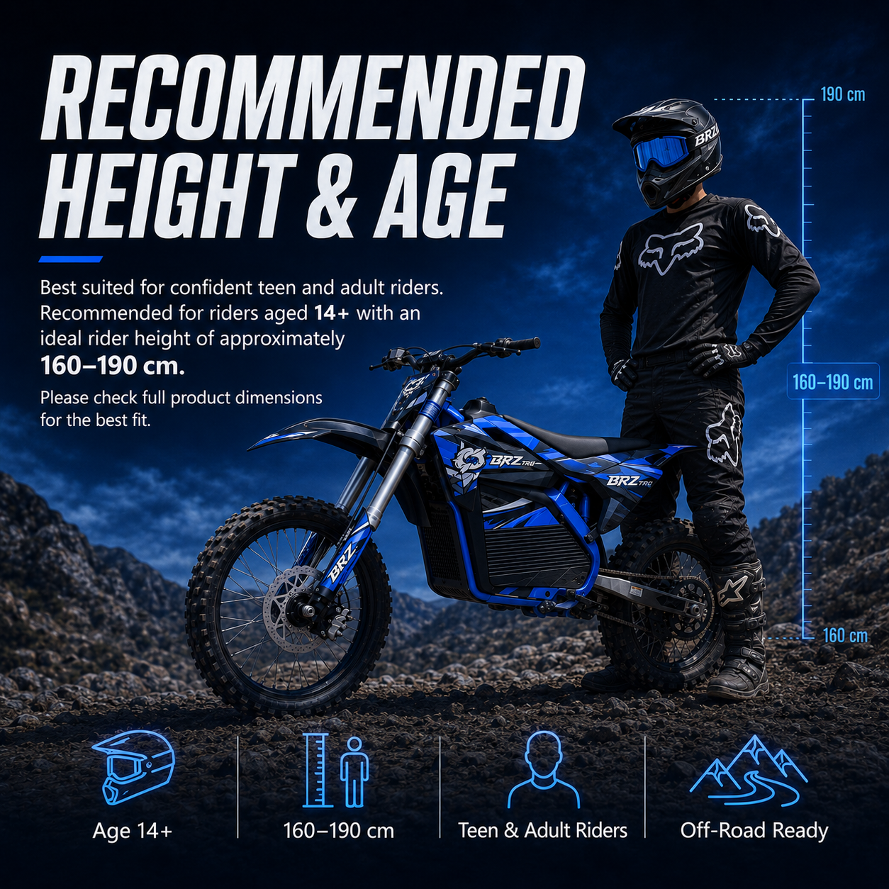 A blue and black brz 72v dirt bike with a rider in a black Fox Racing outfit standing beside it on a rocky off-road trail. Large text reads 'RECOMMENDED HEIGHT & AGE' with height measurement lines showing 160-190 cm, plus age and terrain icons at the bottom.