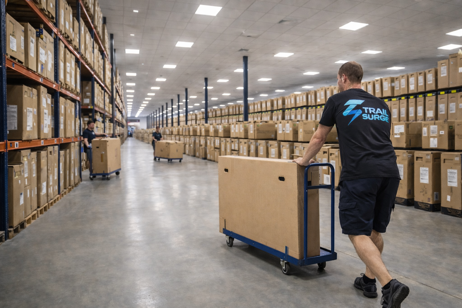 Warehouse interior with shelves stacked with cardboard boxes and workers moving large flat boxes on dollies.